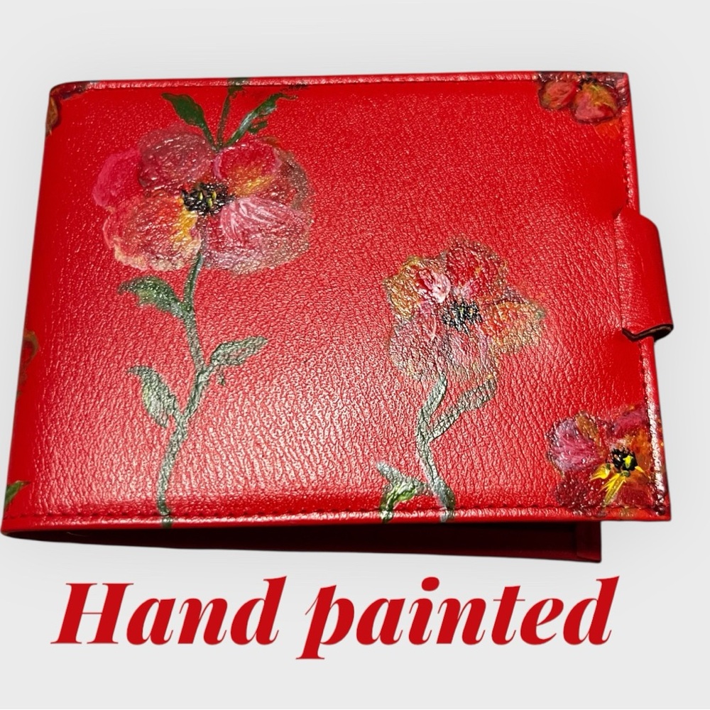 Vintage Hand Painted Leather Wallet Red Floral Boho Artisan One of a Kind - Picture 6 of 7